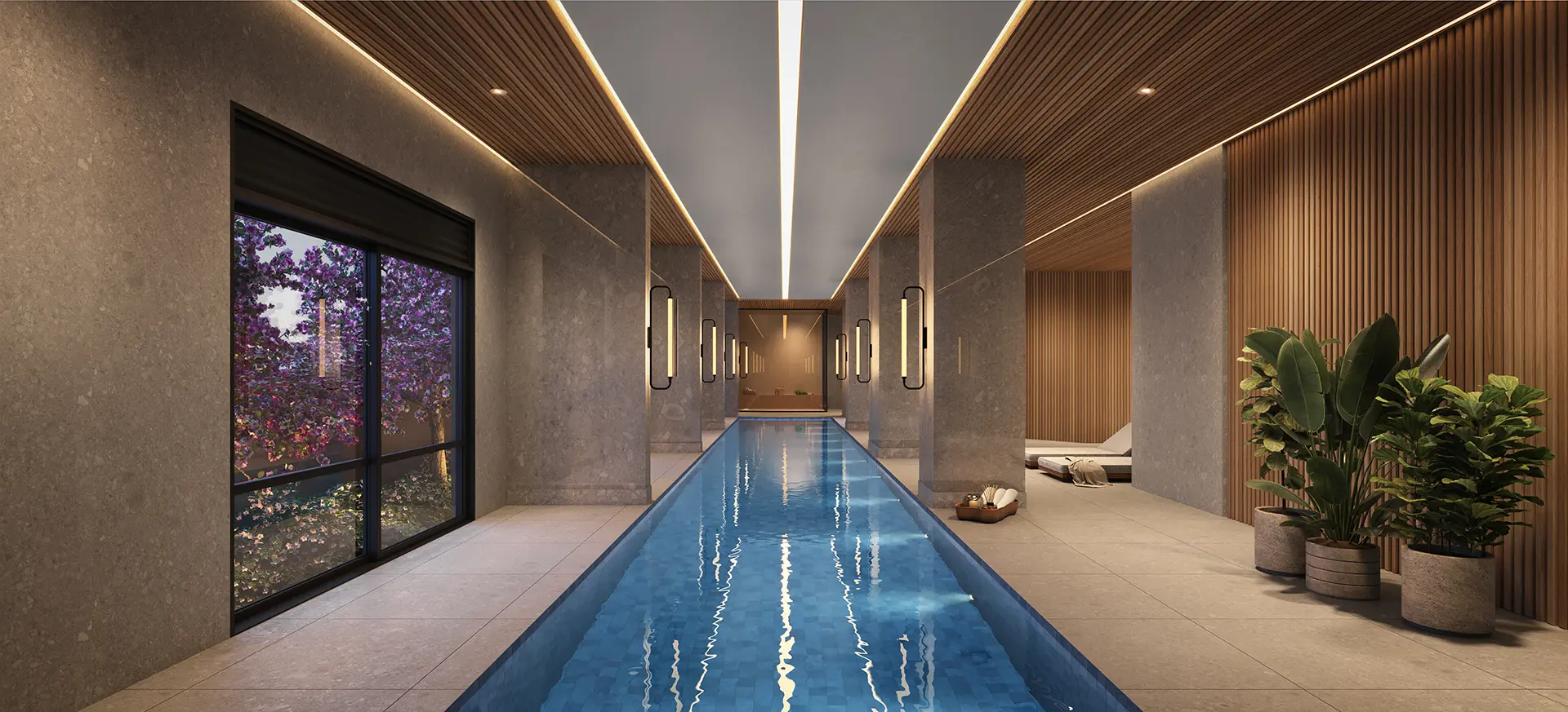 Perspectiva ilustrada da Piscina Coberta + Sauna